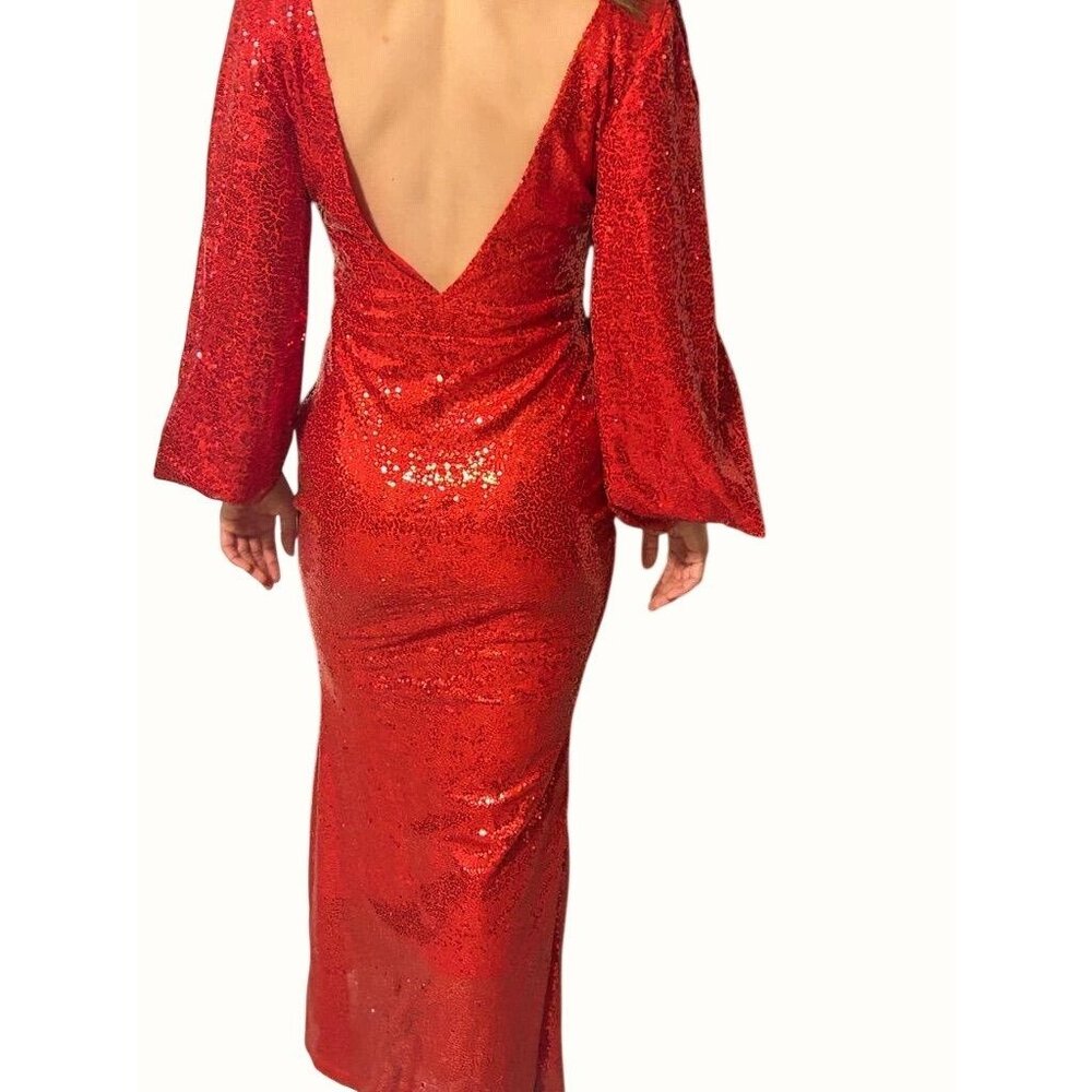 Vintage Dave & Johnny Y2K Red Sparkly Long Sleeve Gown W Wrap Deep V-Back & Tie - Picture 4 of 4
